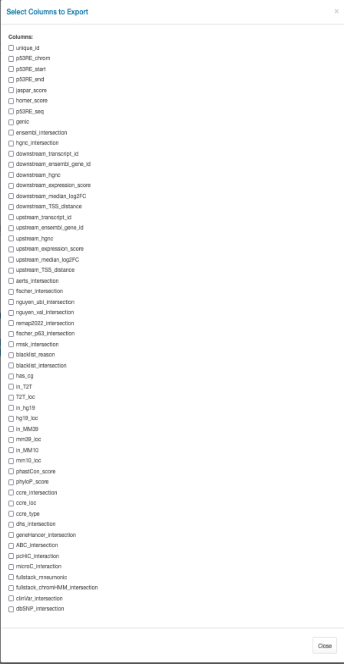 Any or all Main Data Columns can be selected for export