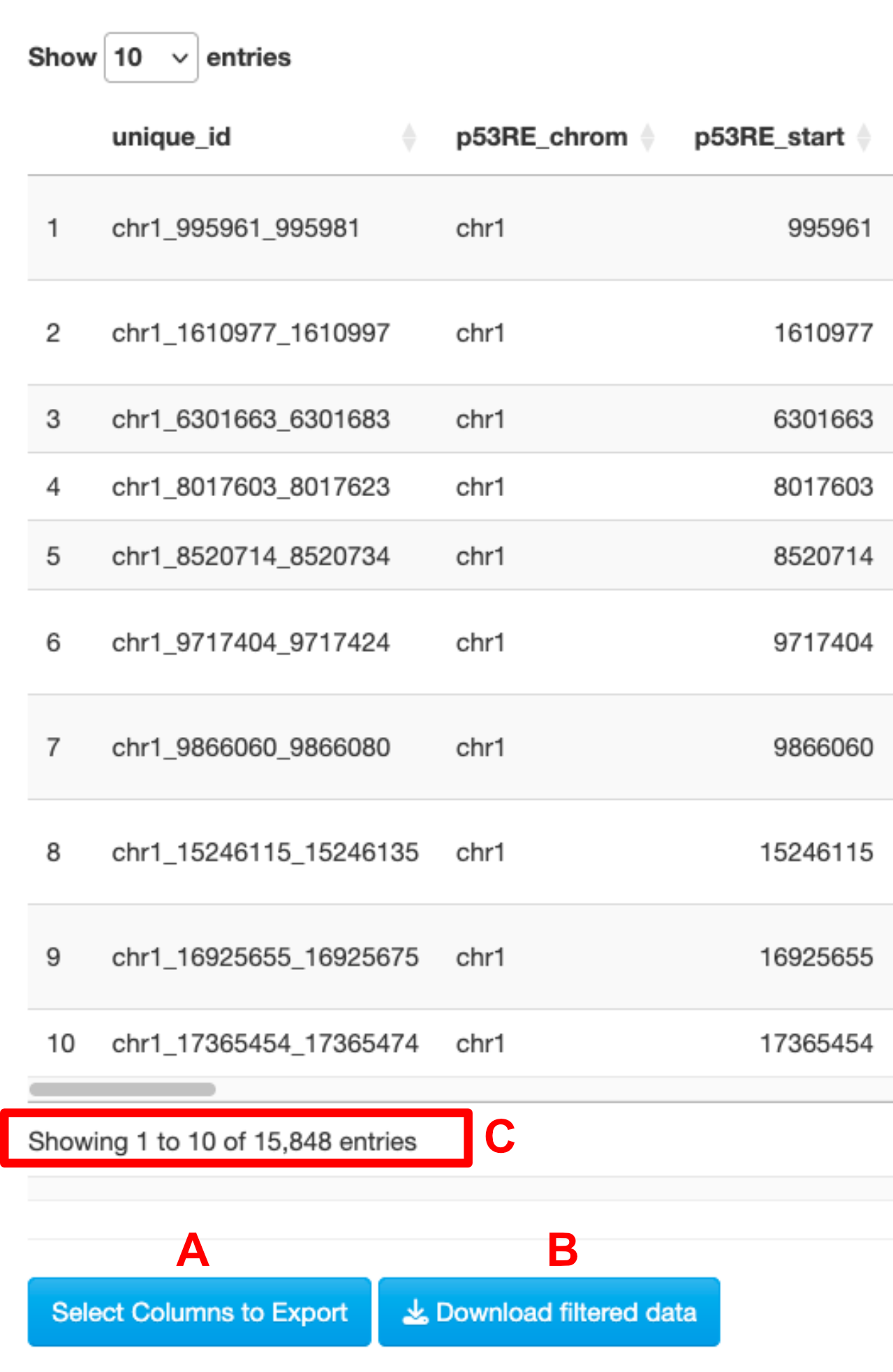 Buttons for exporting the currently displayed Main Data Table